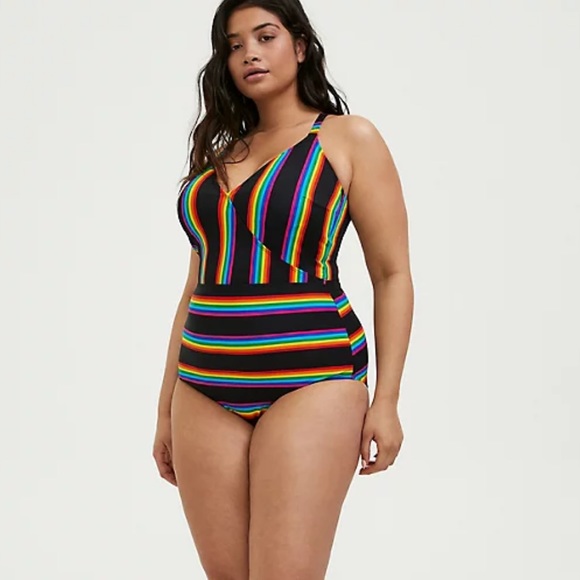 Torrid Black Rainbow Stripe Wireless One-Piece Swimsuit